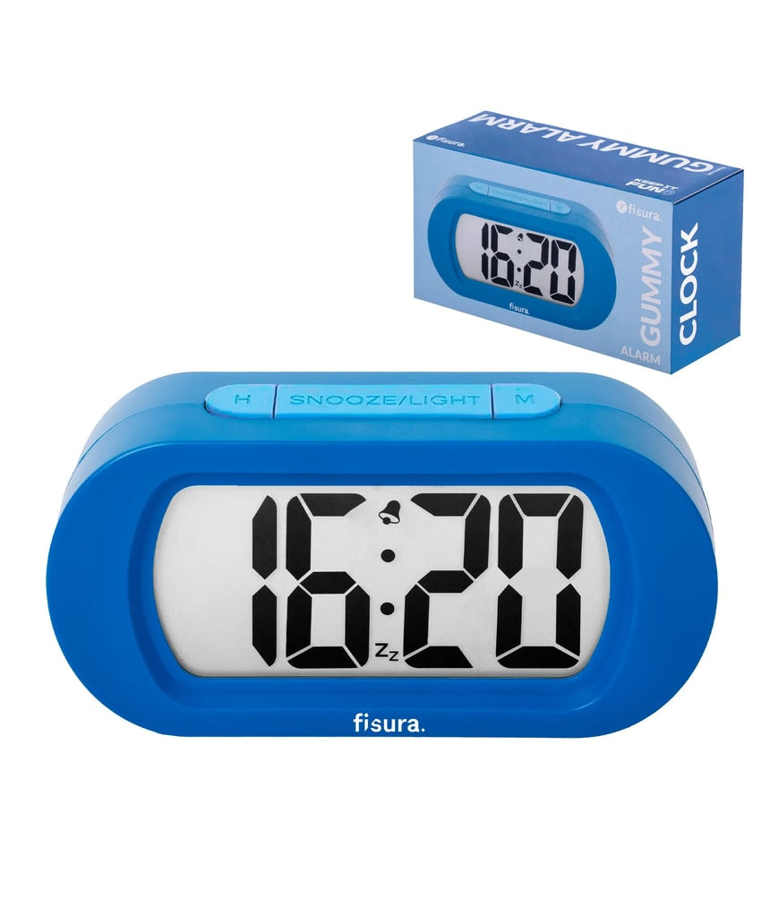 Blue Fisura Gummy Alarm Clock with playful gummy design, digital display, and snooze button.