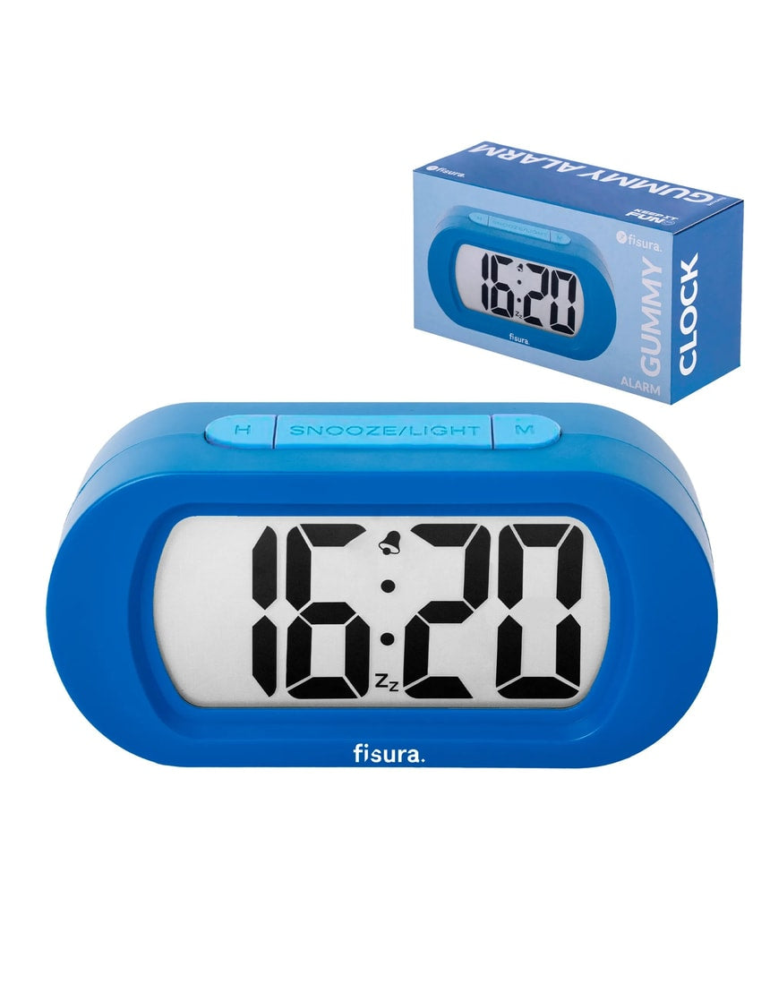 Blue Fisura Gummy Alarm Clock with playful gummy design, digital display, and snooze button.