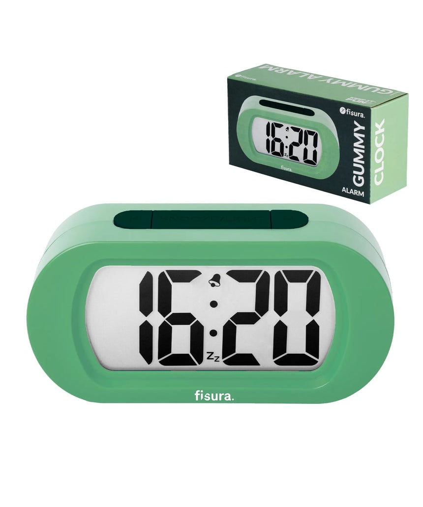 Green Fisura Gummy Alarm Clock with playful gummy-shaped design and digital display, perfect for bedside use.
