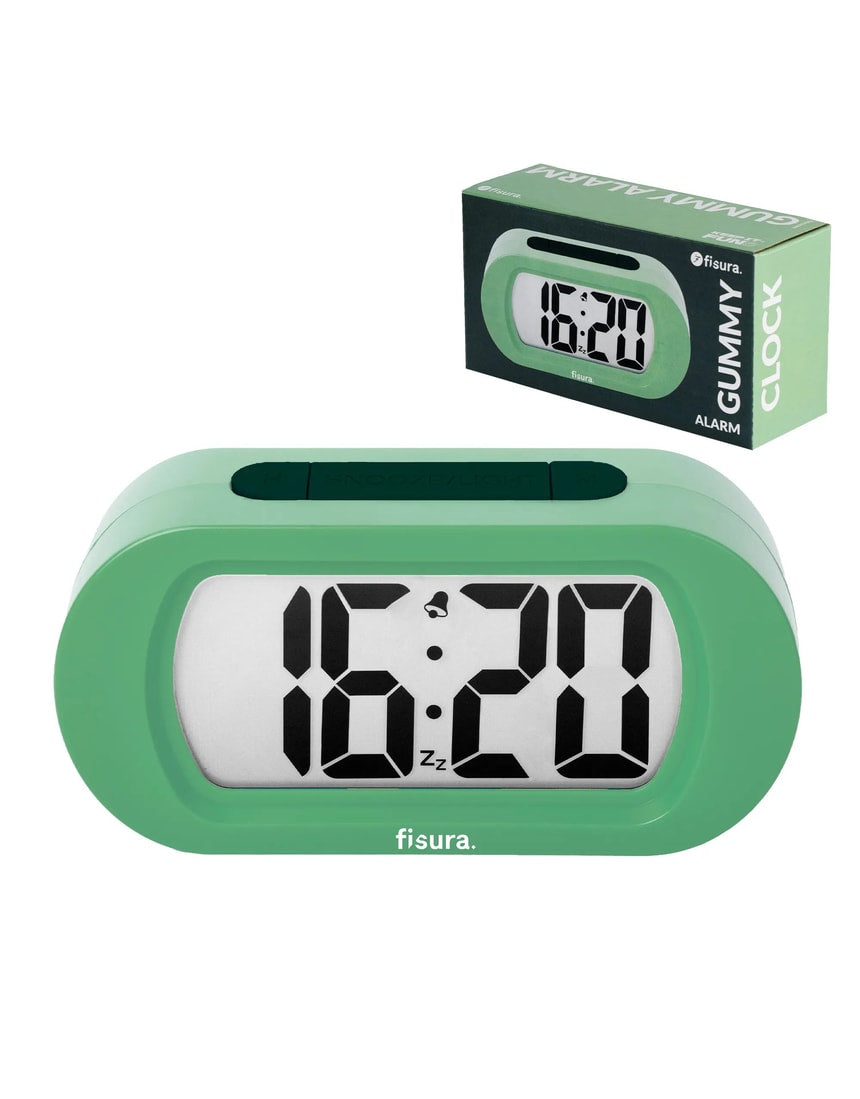 Green Fisura Gummy Alarm Clock with playful gummy-shaped design and digital display, perfect for bedside use.