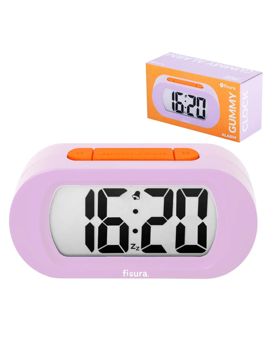 Lilac Fisura Gummy Alarm Clock with cartoon-like design and digital display, perfect for bedroom decor.