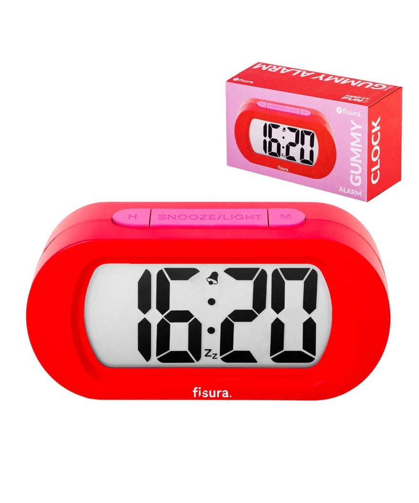 Red Fisura Gummy Alarm Clock with playful gummy shape and digital display, perfect for a fun and functional home decor piece.