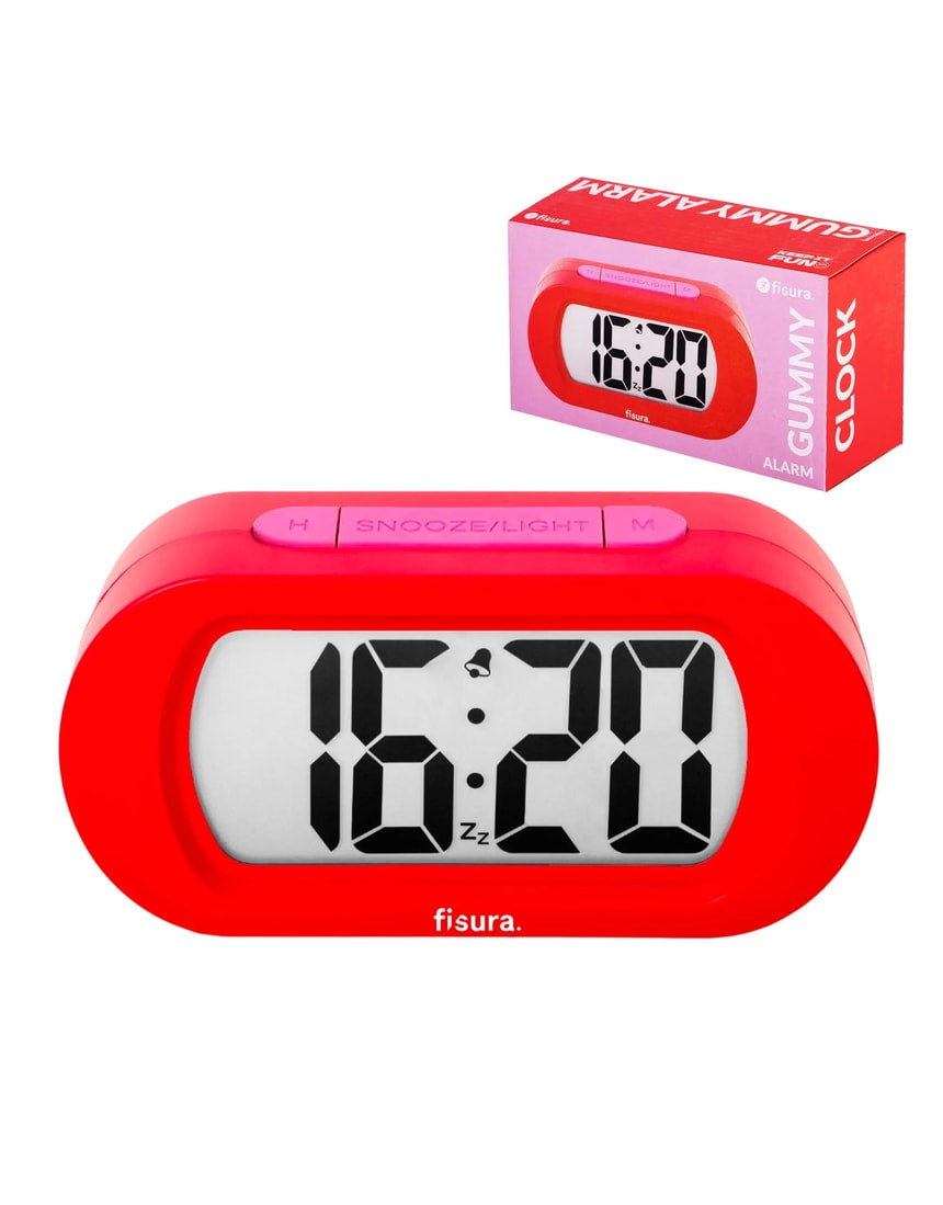 Red Fisura Gummy Alarm Clock with playful gummy shape and digital display, perfect for a fun and functional home decor piece.
