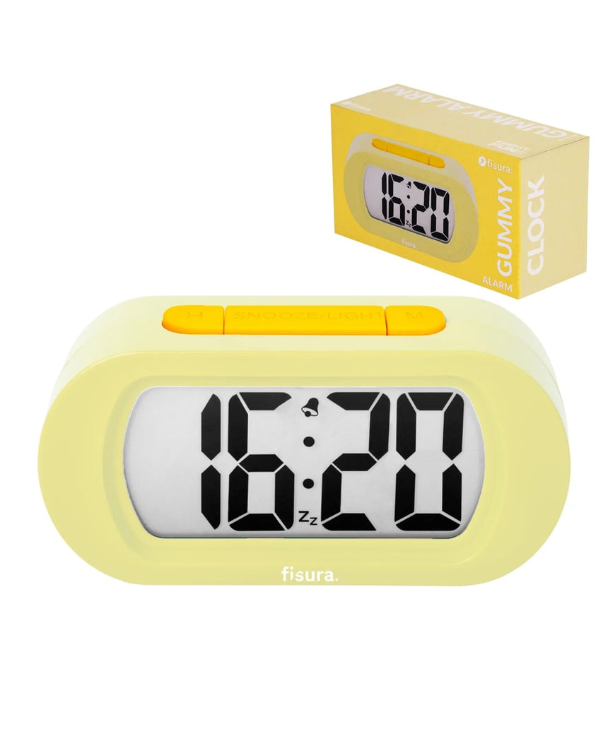 Yellow Fisura Gummy Alarm Clock, a playful clock with a gummy candy design, featuring clear clock face and playful appearance.