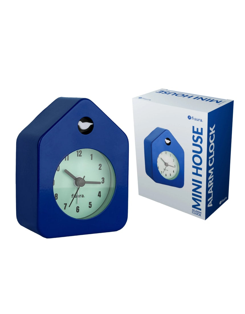 Blue Fisura Little House alarm clock with a charming house design, featuring clock face and decorative details.