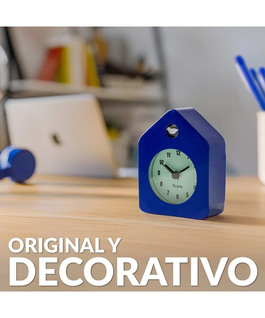 Blue Fisura Little House alarm clock with a charming house design, featuring clock face and decorative details.