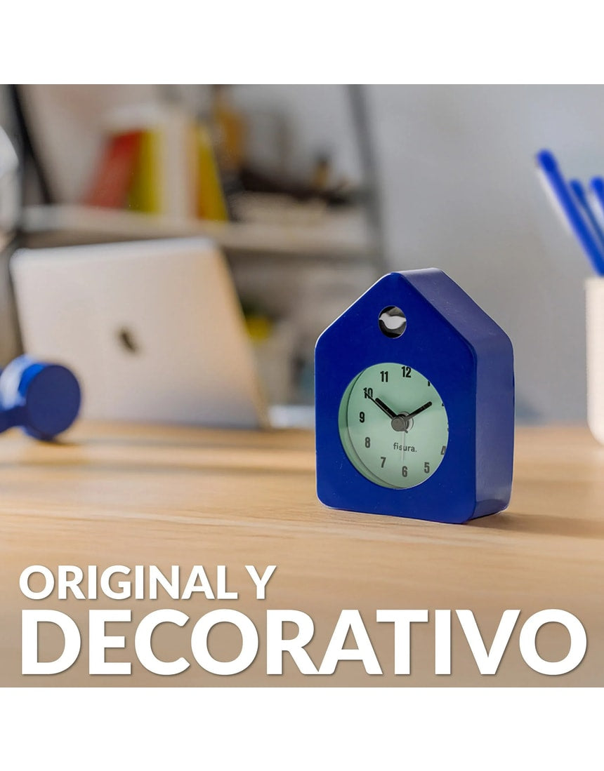 Blue Fisura Little House alarm clock with a charming house design, featuring clock face and decorative details.