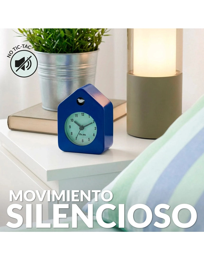 Blue Fisura Little House Alarm Clock with a charming house design and simple clock face, perfect for bedside use.