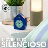 Blue Fisura Little House Alarm Clock with a charming house design and simple clock face, perfect for bedside use.