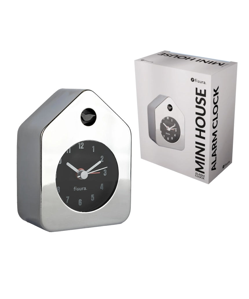 Chrome Fisura Little House Alarm Clock with rounded design and clock face, showcasing a charming miniature house style.