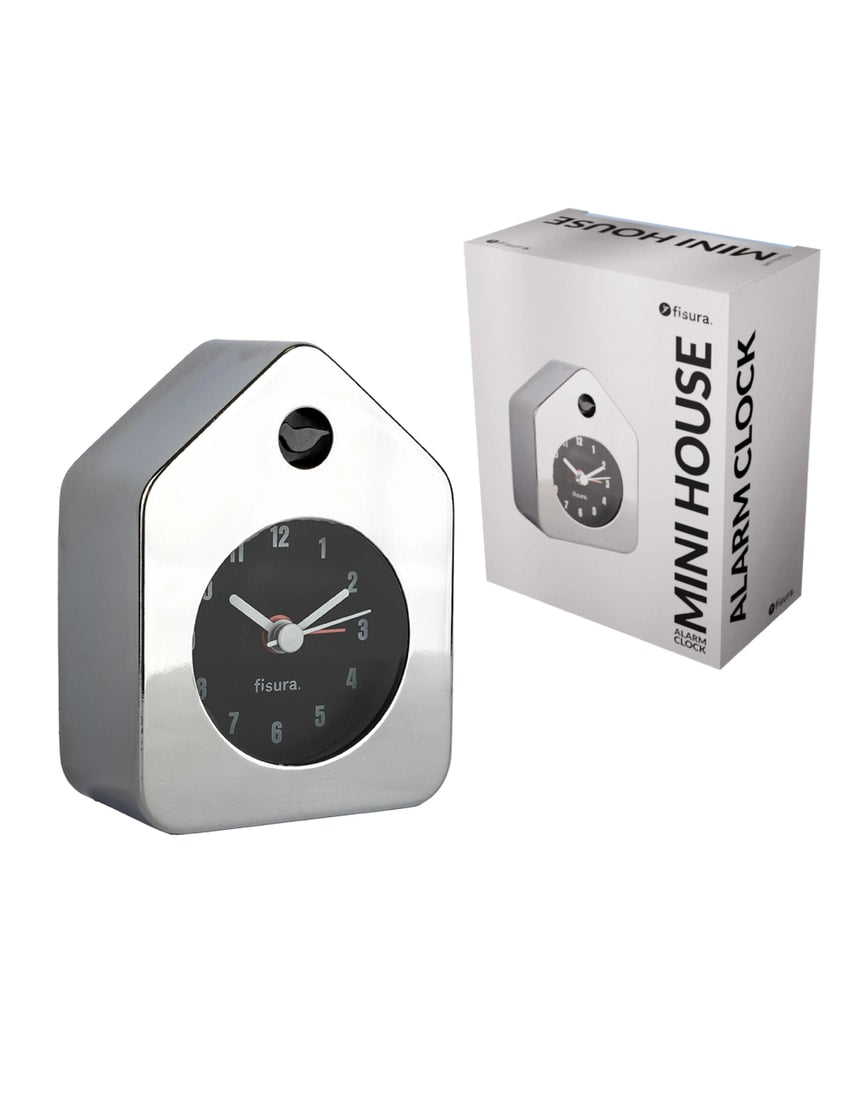 Chrome Fisura Little House Alarm Clock with rounded design and clock face, showcasing a charming miniature house style.