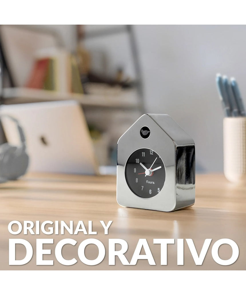 Chrome Fisura Little House Alarm Clock with rounded house shape and classic clock face showing black numbers.