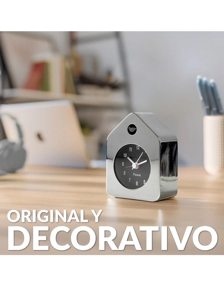 Chrome Fisura Little House Alarm Clock with rounded house shape and classic clock face showing black numbers.