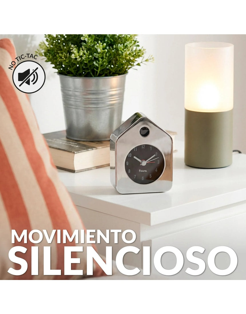 Chrome Fisura Little House alarm clock with a compact house-shaped design and clear clock face.