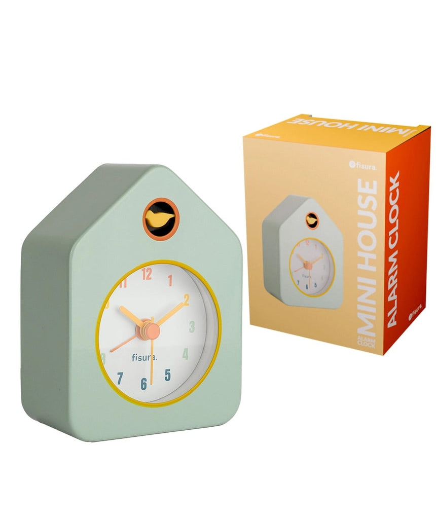 Green Fisura Little House alarm clock with a charming house design and classic clock face, perfect for bedside or decorative use.