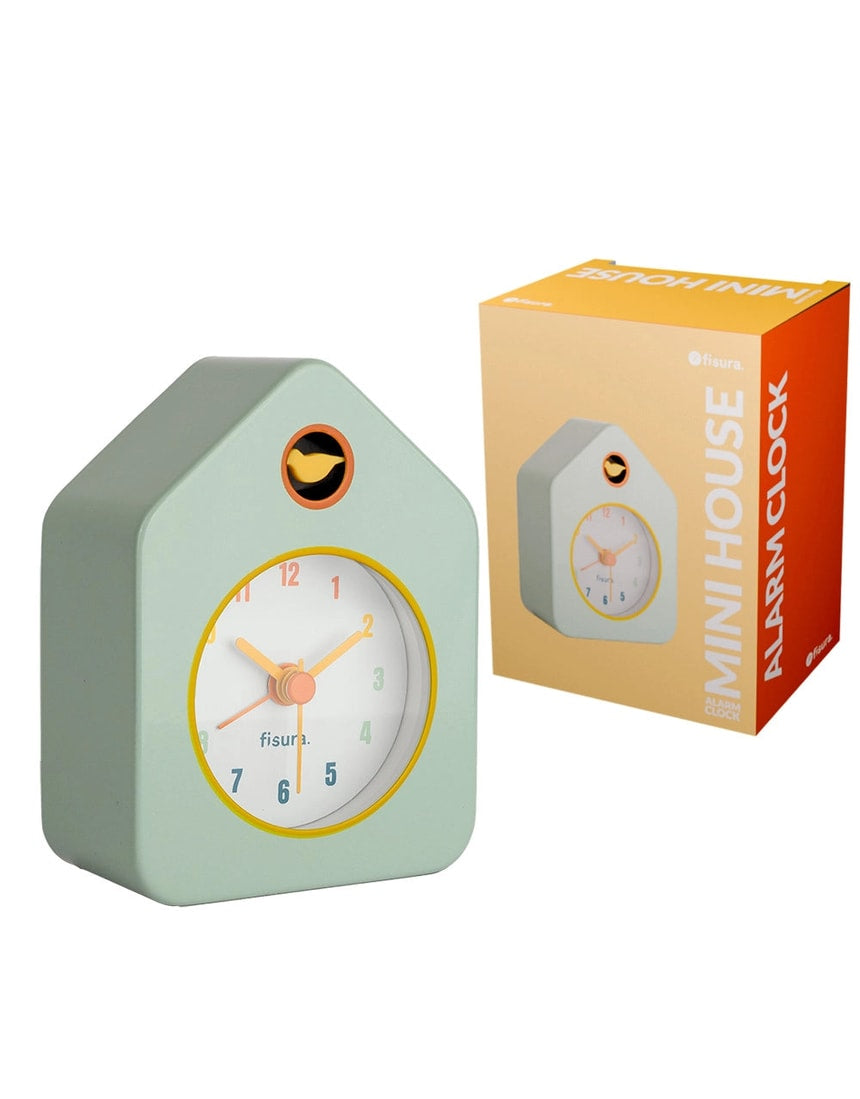 Green Fisura Little House alarm clock with a charming house design and classic clock face, perfect for bedside or decorative use.