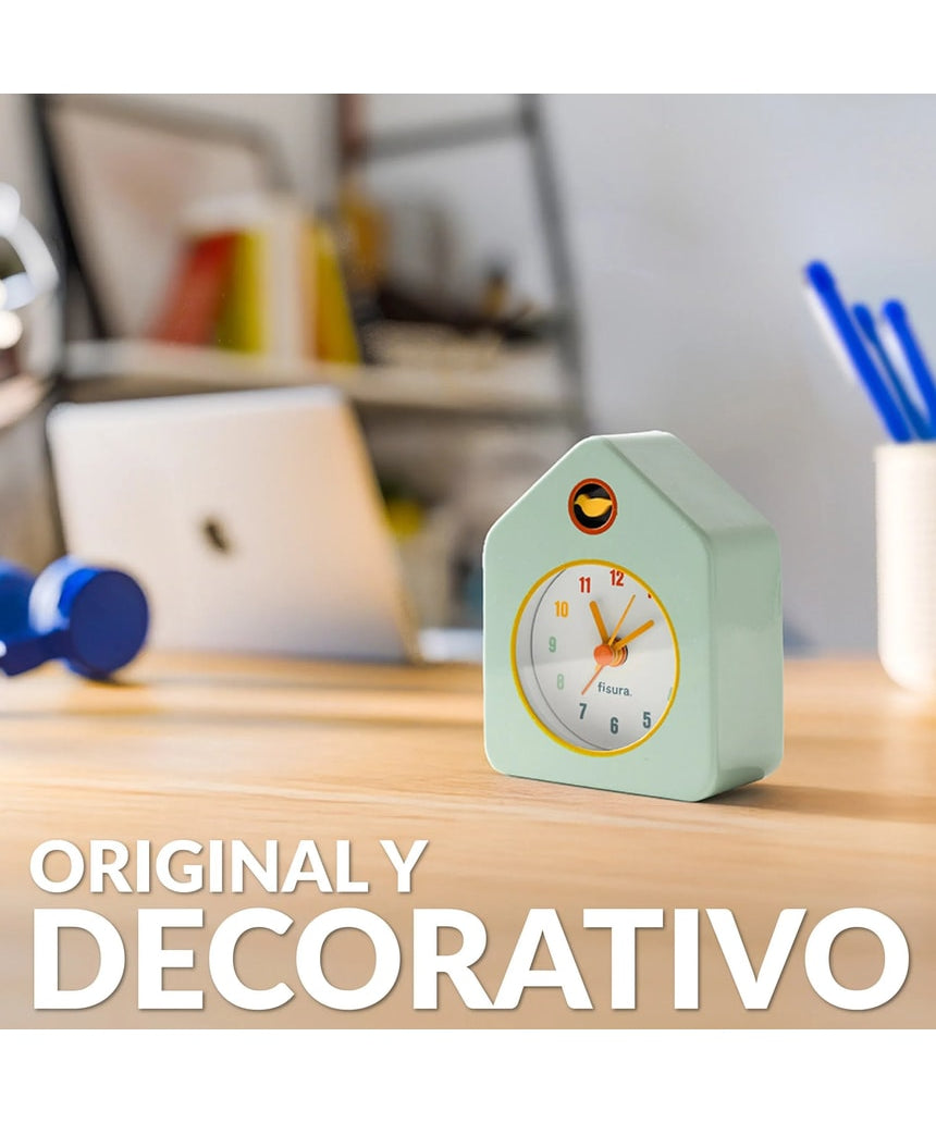 Green Fisura Little House Alarm Clock with classic house design and clock face, perfect for bedside or desk use.