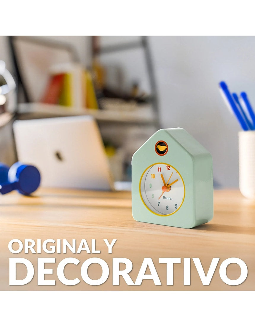 Green Fisura Little House Alarm Clock with classic house design and clock face, perfect for bedside or desk use.