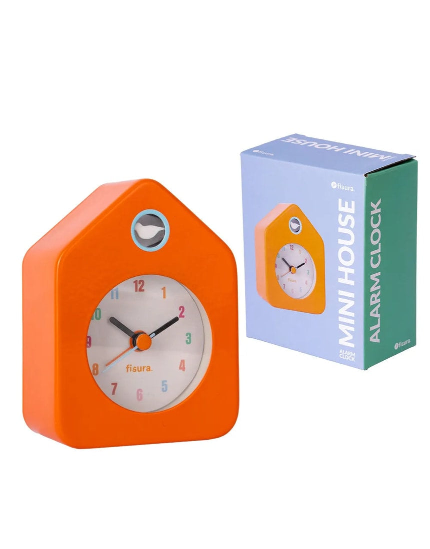 Fisura Little House alarm clock in orange with a charming house shape and clock face, perfect for bedside or decorative use.