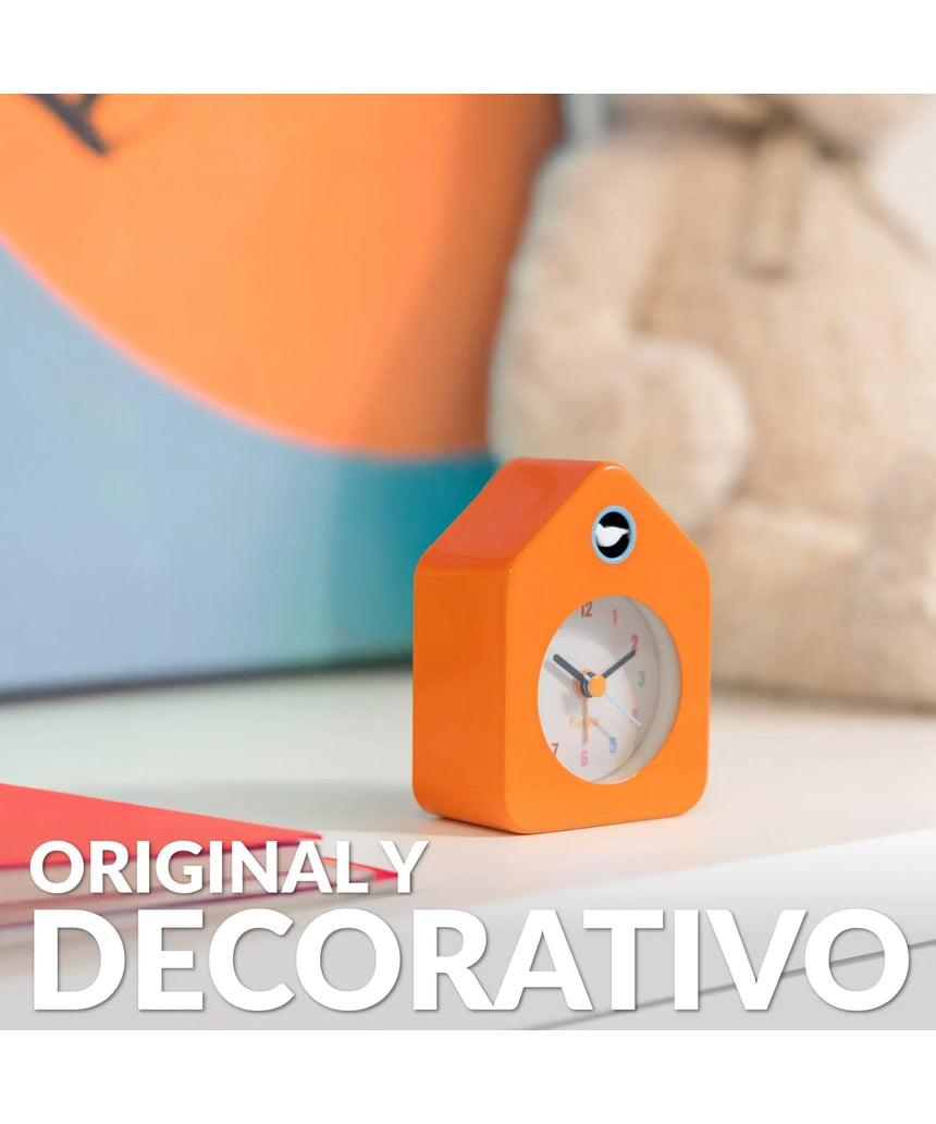Orange Fisura Little House Alarm Clock showing time with a cute house-shaped design on a white background.