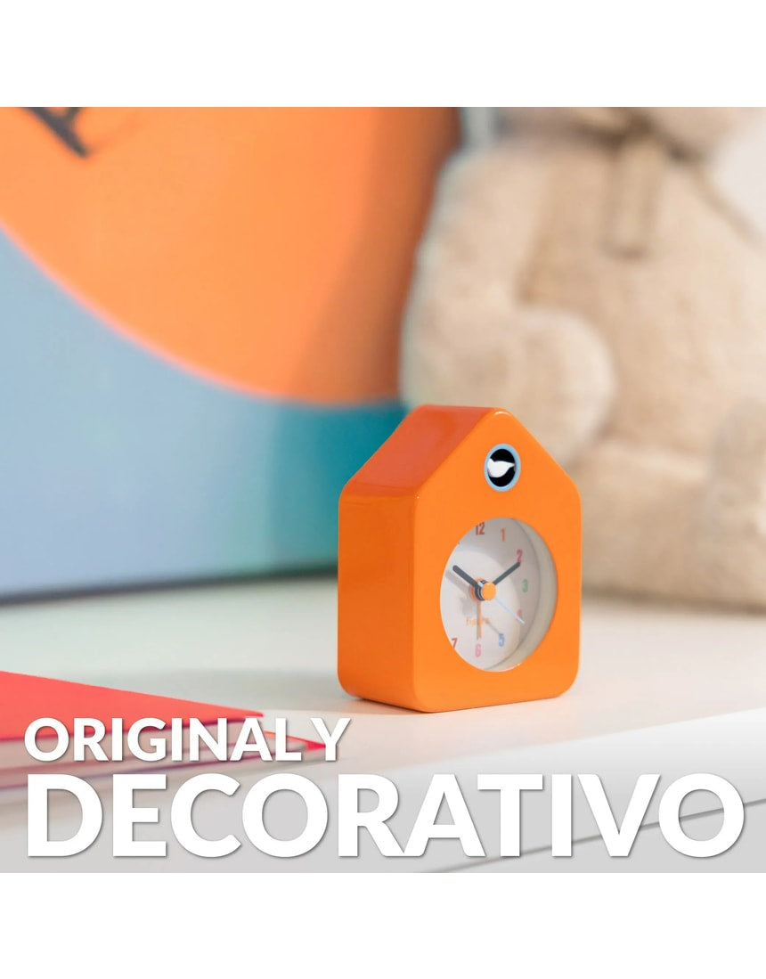 Orange Fisura Little House Alarm Clock showing time with a cute house-shaped design on a white background.