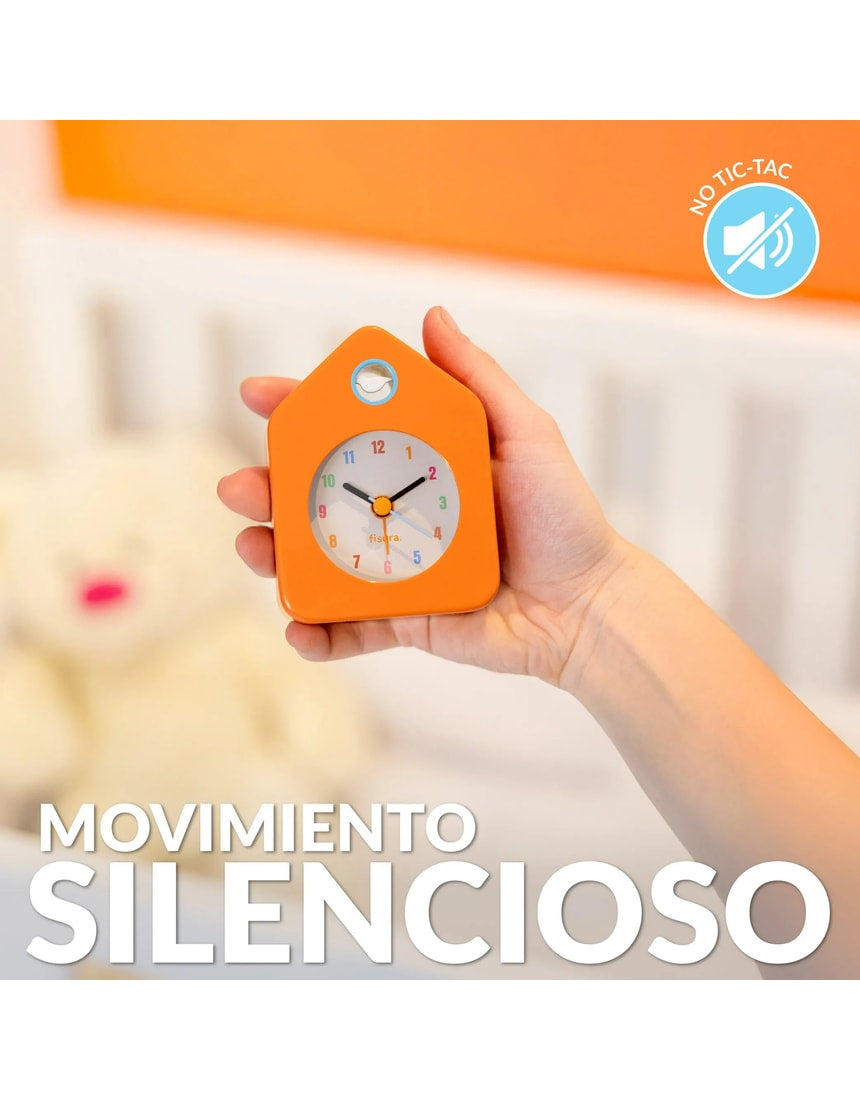 Orange Fisura Little House alarm clock with a cute house-shaped design and clock face, perfect for bedside use.