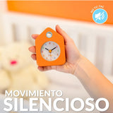 Orange Fisura Little House alarm clock with a cute house-shaped design and clock face, perfect for bedside use.