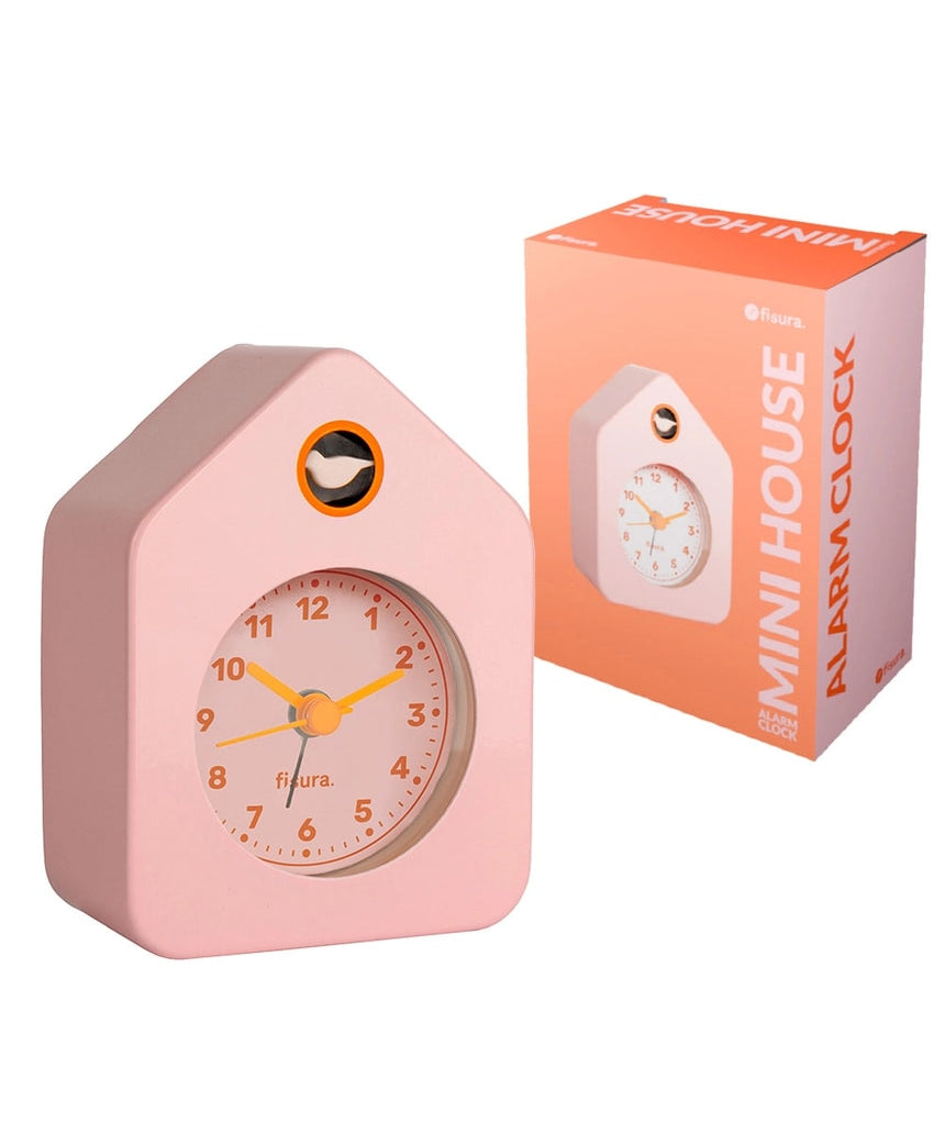 Pink Fisura Little House alarm clock with a charming house design and clock face, perfect for a bedside table or decor.