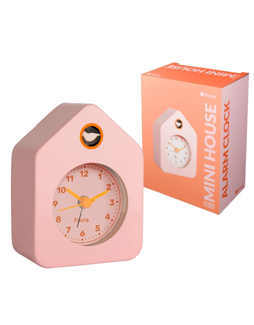 Pink Fisura Little House alarm clock with a charming house design and clock face, perfect for a bedside table or decor.