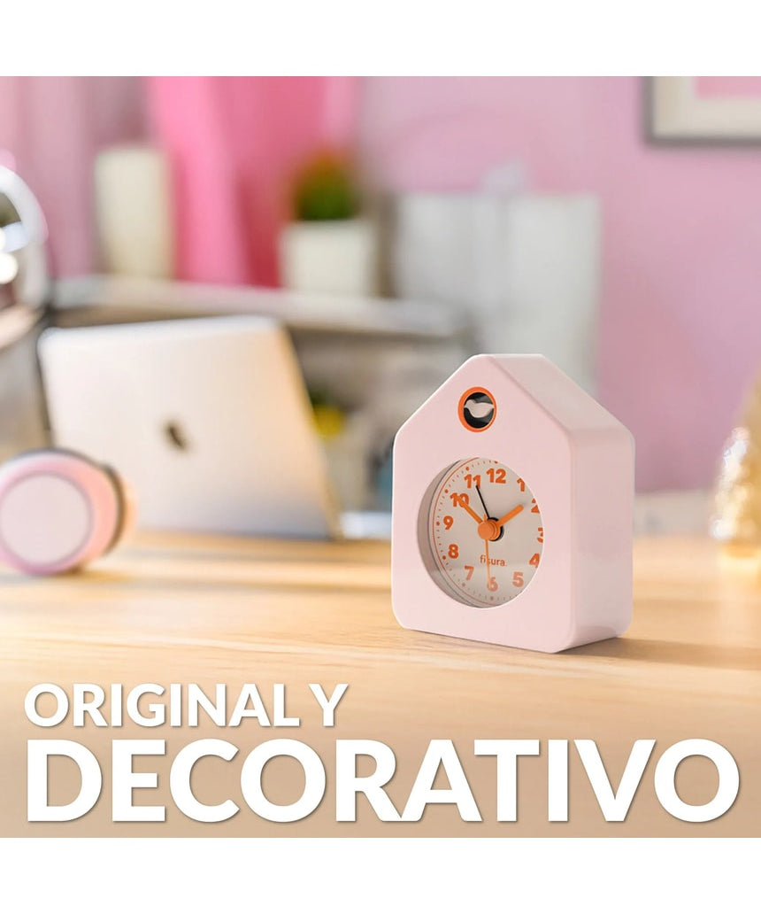 Pink Fisura Little House alarm clock with a charming house design and classic clock face for bedside or desk use.