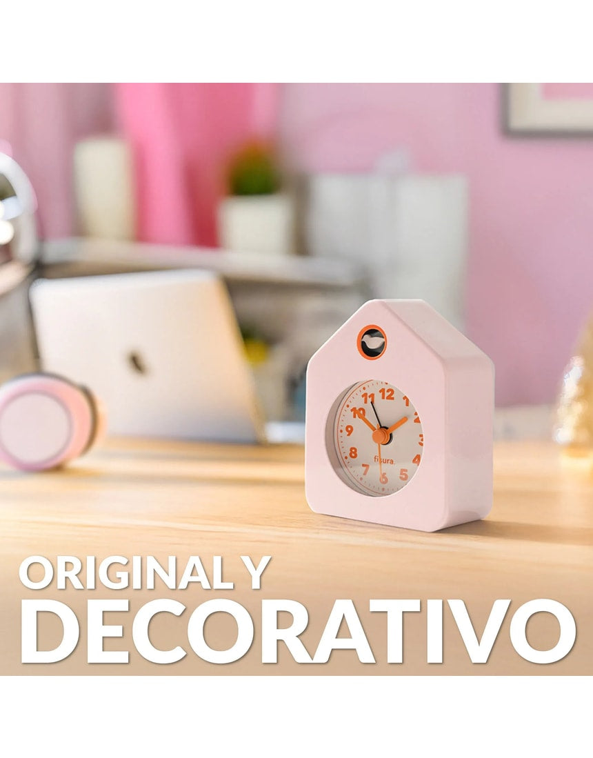 Pink Fisura Little House alarm clock with a charming house design and classic clock face for bedside or desk use.