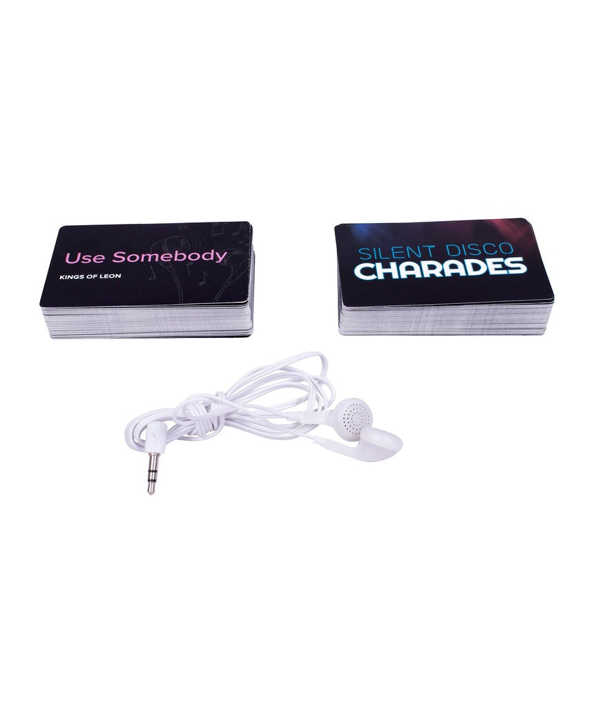 Fizz Creations Silent Disco Charades Game, a fun party game with colorful game pieces and instructions on a table.