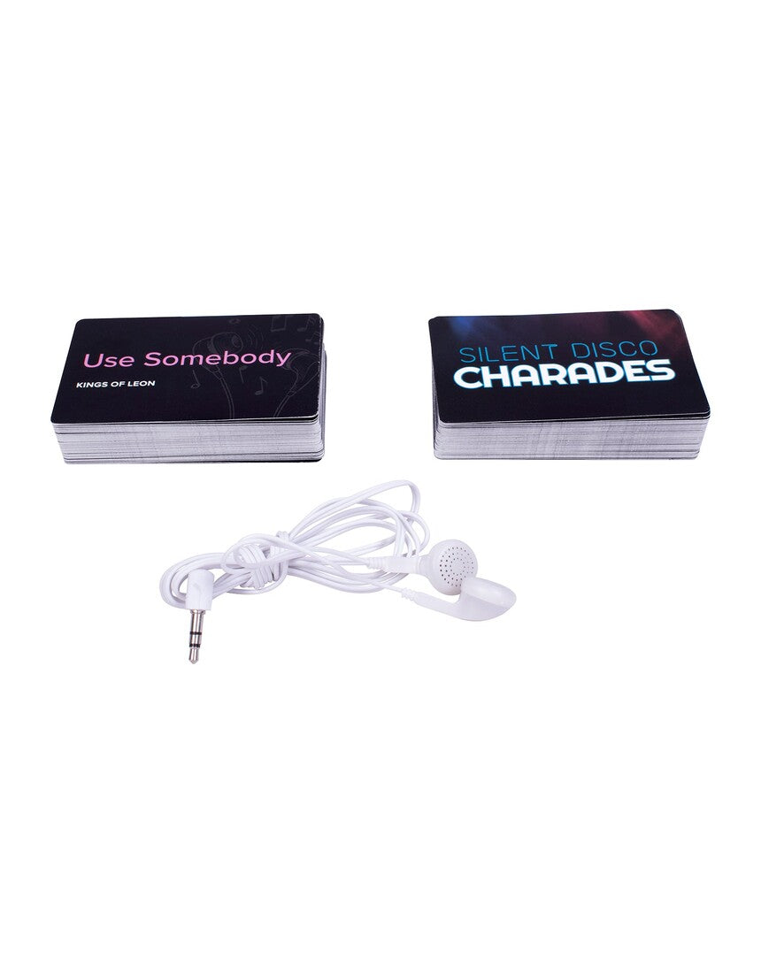 Fizz Creations Silent Disco Charades Game, a fun party game with colorful game pieces and instructions on a table.