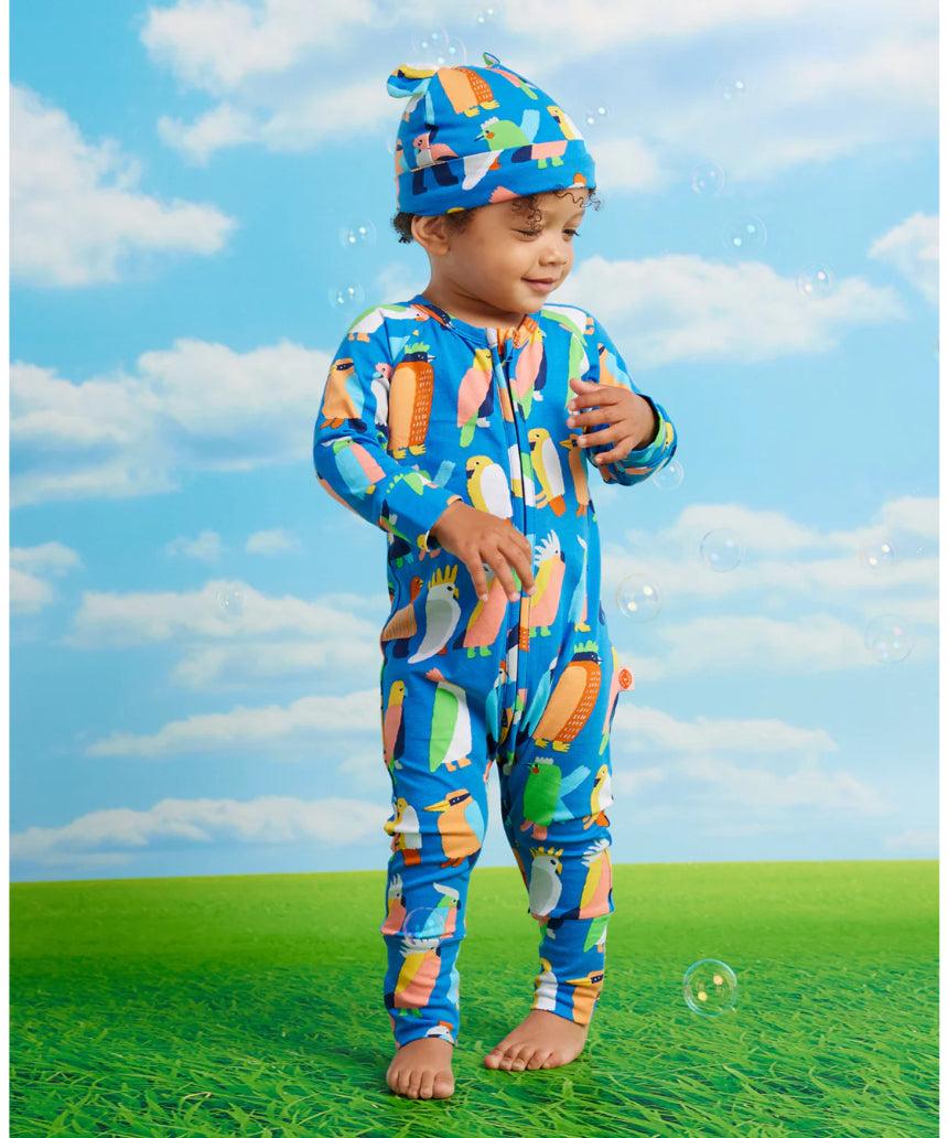 Baby blue long sleeve zip suit by Halcyon Nights featuring Flamin' Galahs and a matching baby hat.