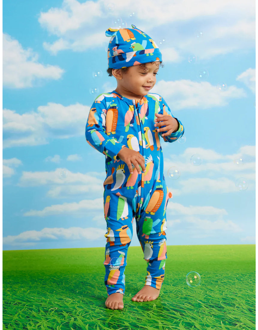 Baby blue long sleeve zip suit by Halcyon Nights featuring Flamin' Galahs and a matching baby hat.