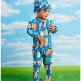 Baby blue long sleeve zip suit by Halcyon Nights featuring Flamin' Galahs and a matching baby hat.