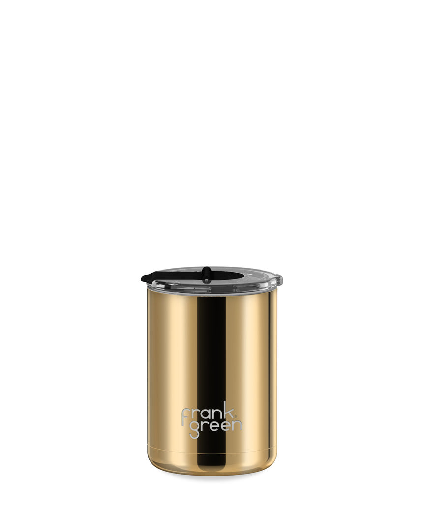 Frank Green 12oz ceramic reusable coffee cup with hinged screw lid in gold and midnight colors, showcasing sleek design and durable material.