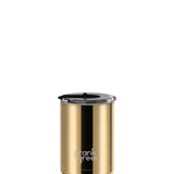 Frank Green 12oz ceramic reusable coffee cup with hinged screw lid in gold and midnight colors, showcasing sleek design and durable material.