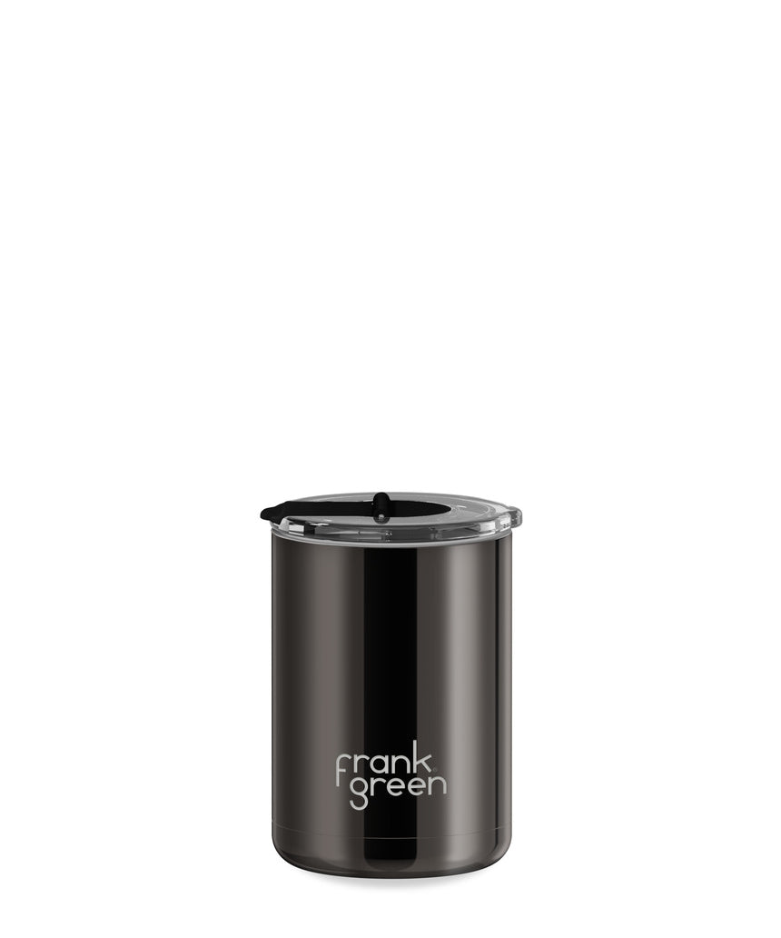 Frank Green 12oz ceramic reusable coffee cup with hinged screw lid in Shadow Chrome, showing the sleek design and metallic finish.