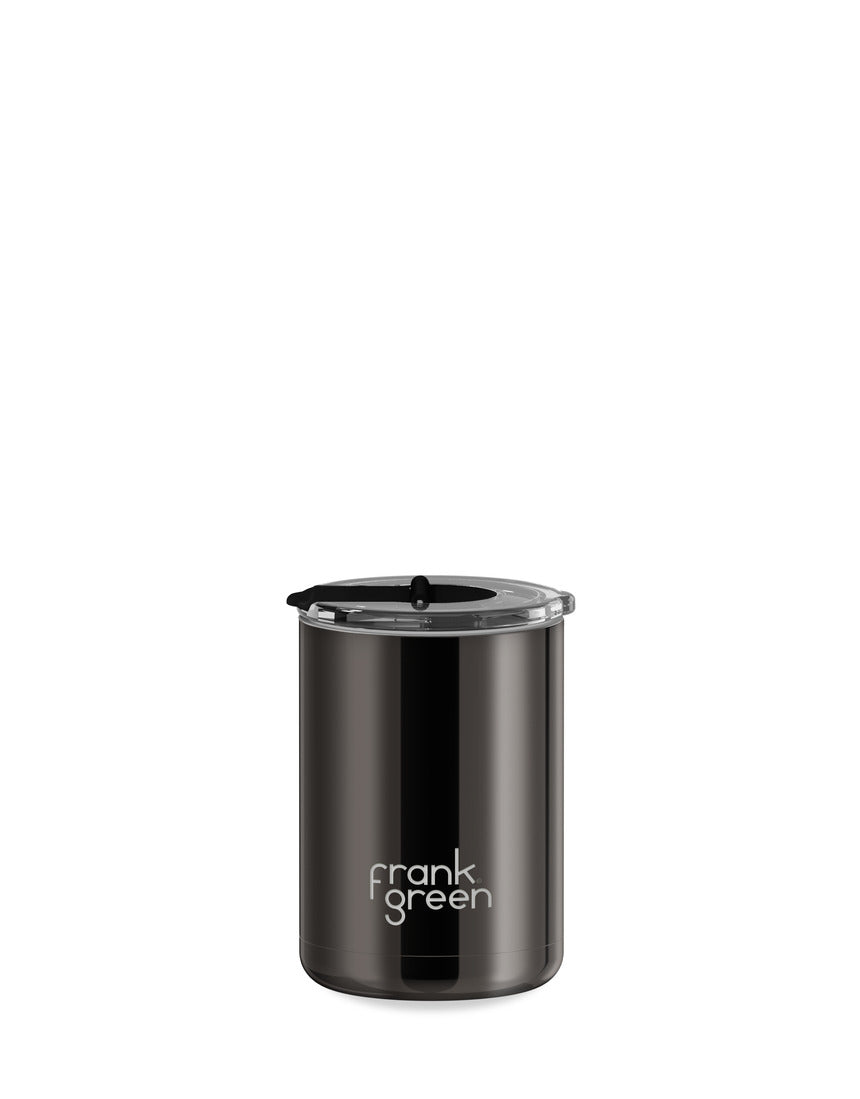 Frank Green 12oz ceramic reusable coffee cup with hinged screw lid in Shadow Chrome, showing the sleek design and metallic finish.
