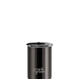 Frank Green 12oz ceramic reusable coffee cup with hinged screw lid in Shadow Chrome, showing the sleek design and metallic finish.