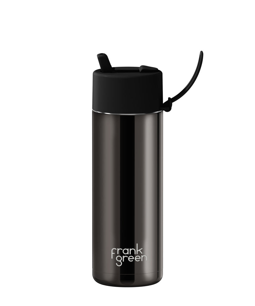 Frank Green 20oz reusable ceramic bottle with flip straw lid in Shadow Chrome, showcasing sleek design and secure lid.