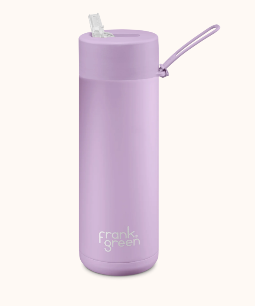 Frank Green Lilac Haze 595ml drinkwear bottle with a sleek purple design and secure lid for beverages.
