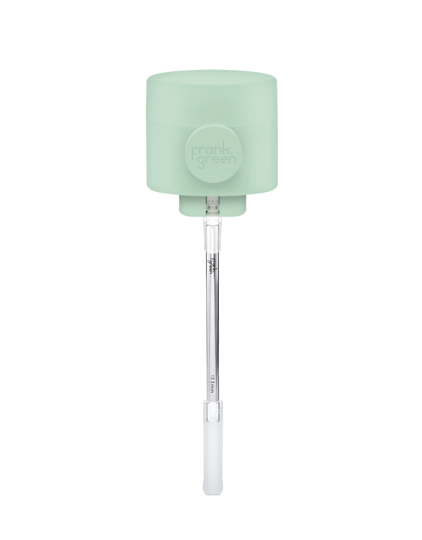 Frank Green drinkwear switch lid with straw and strap, showing the blush-colored lid and attached straw in close-up.