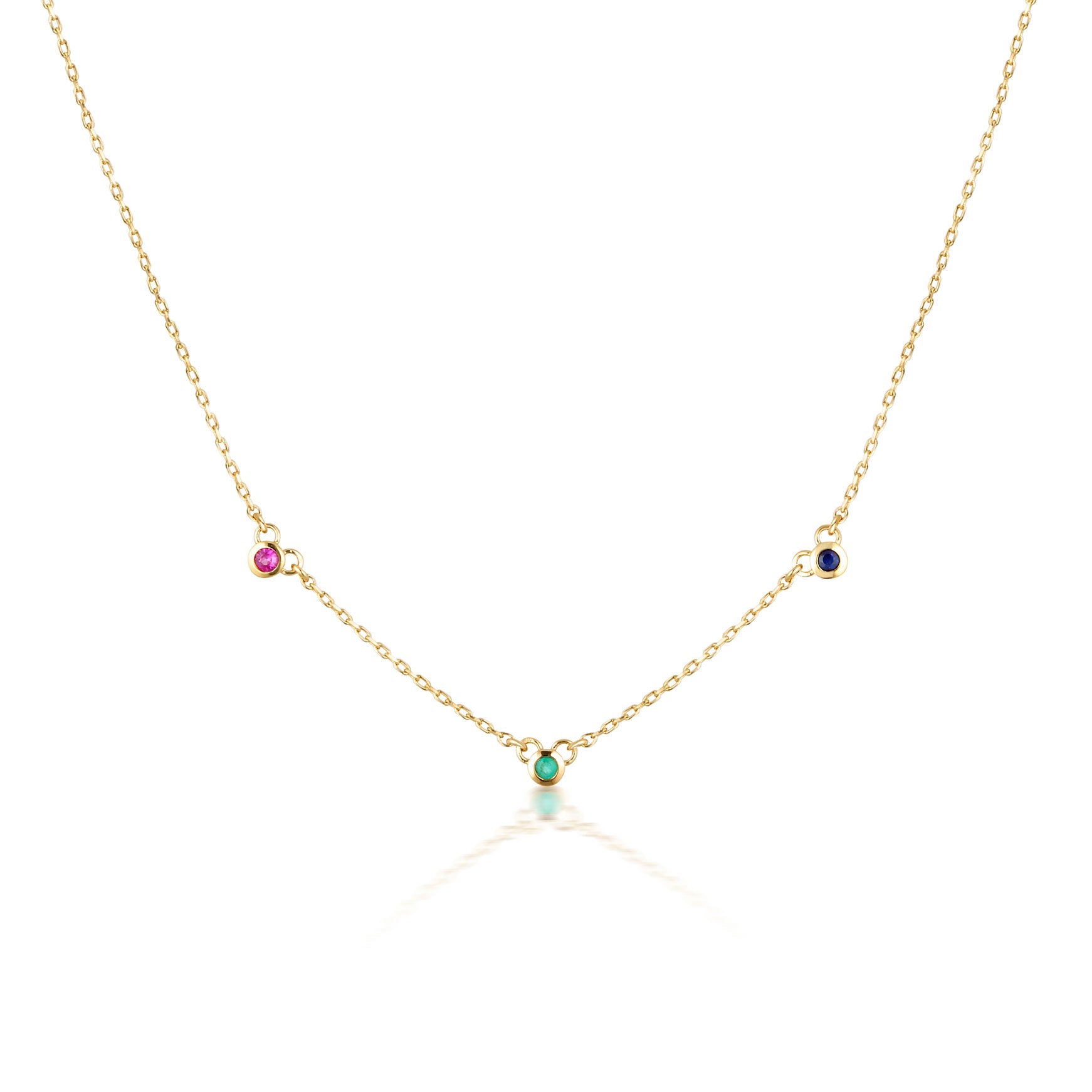 Linda Tahija Trilogy Satellite Necklace featuring multicolour gemstone pendants on a gold chain.