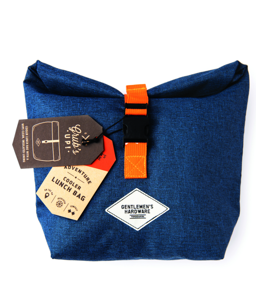Gentlemen's Hardware roll top lunch bag with adjustable strap and insulated interior for keeping food fresh.