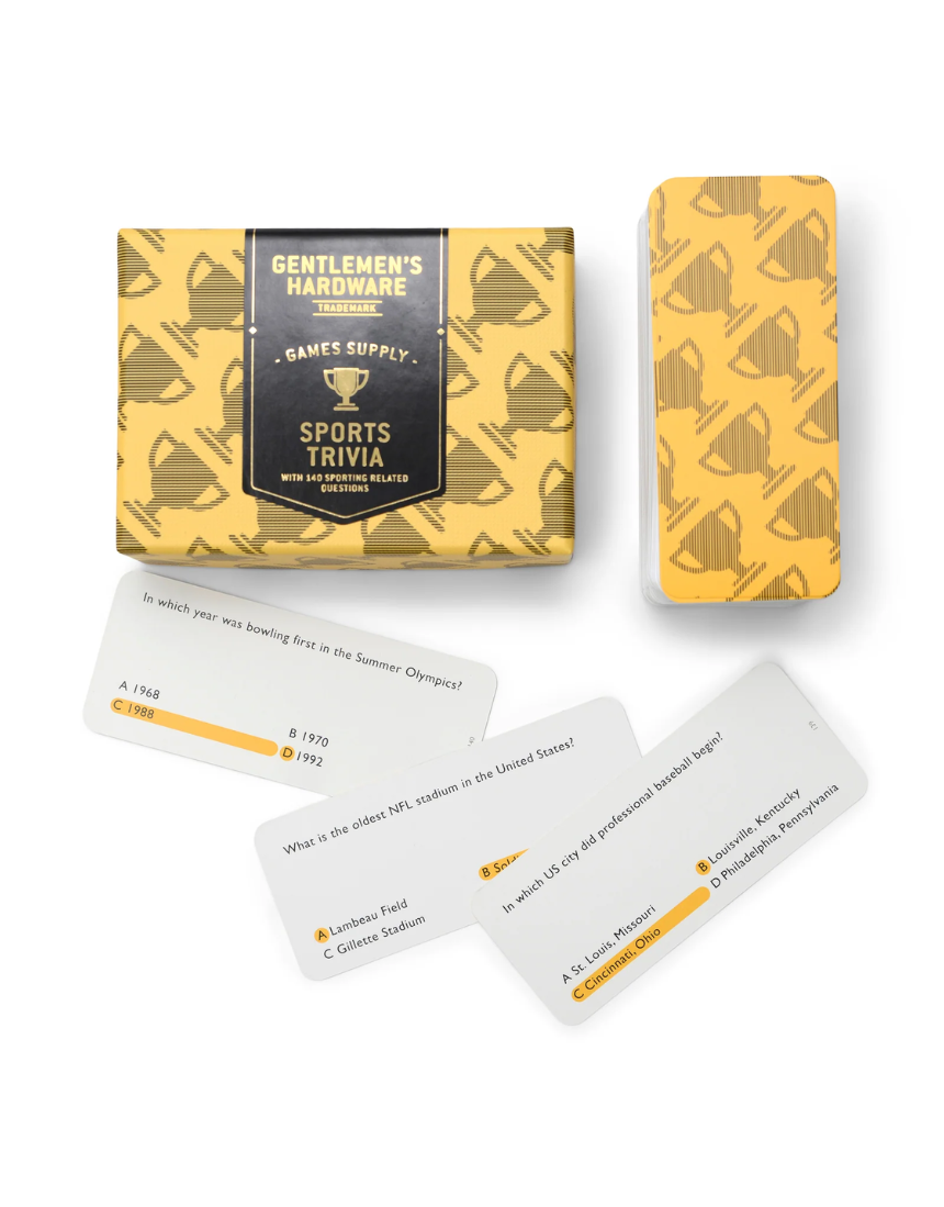 Gentlemen's Hardware Sports Trivia game box featuring a vintage design and colorful sports-themed illustrations.