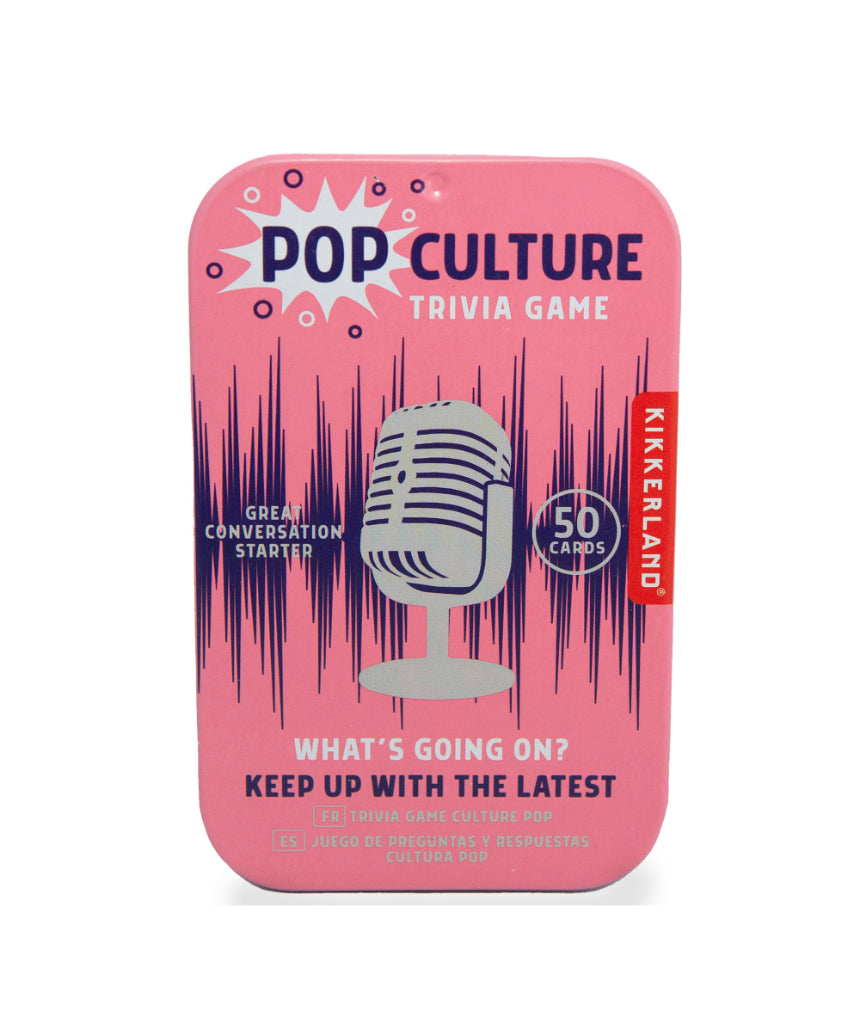 isAlbi Pop Culture Trivia game with colorful cards and game pieces for testing knowledge of movies, music, and TV shows.
