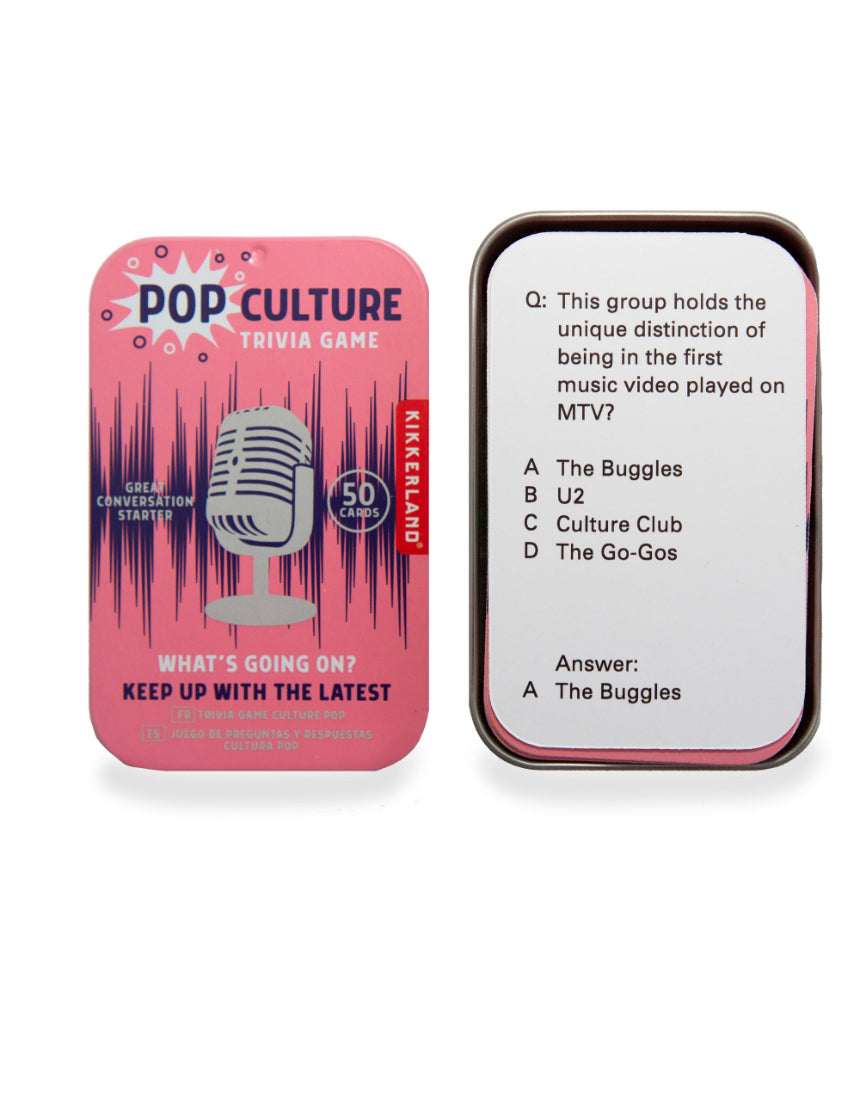 isAlbi Pop Culture Trivia game with colorful illustrated cards, perfect for fans of movies, music, and TV shows.