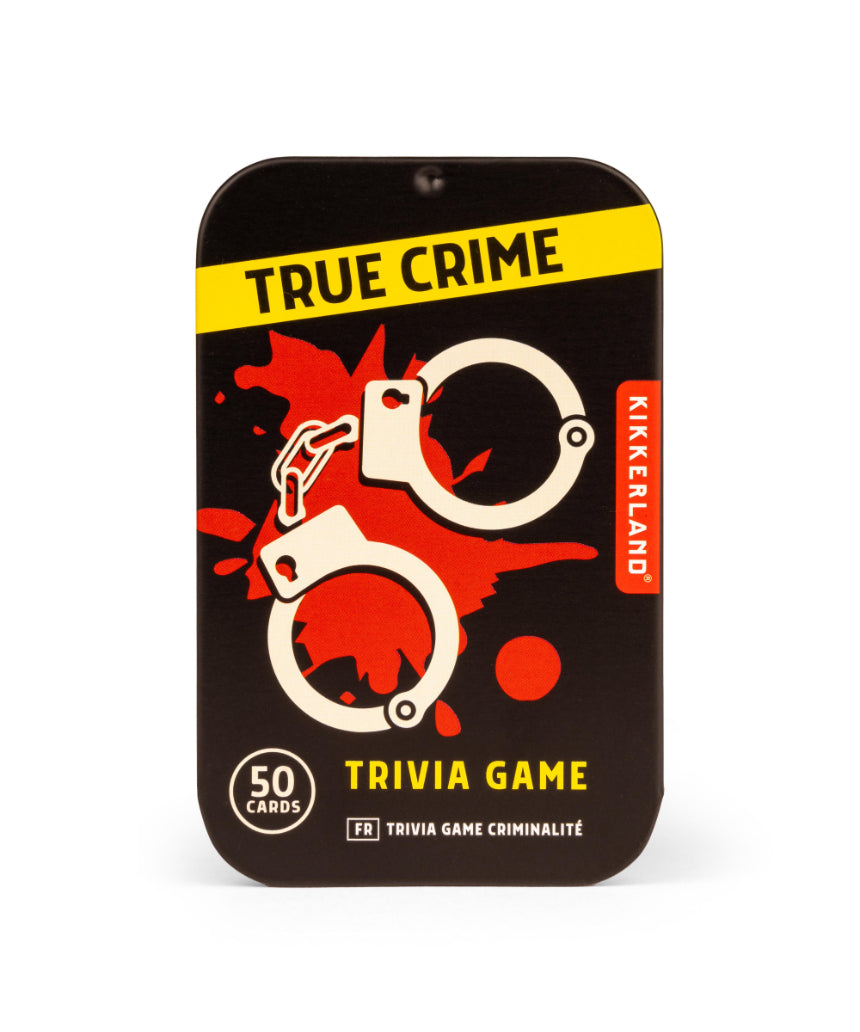 True Crime Trivia Tin by isAlbi, featuring a compact metal container with trivia cards and game components related to true crime stories.